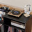 Record Player Stand with Flip-Top & Power Strip, Vinyl Storage Cabinet with 2 Drawers and Dustproof Cubbies, Black Media Console with Built-in Cable Management for Living Room and Study