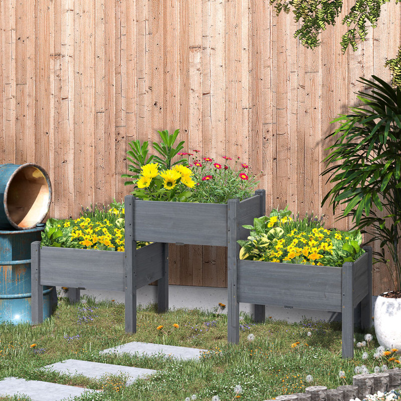 Lit de jardin surélevé avec 3 jardinières, Gris
