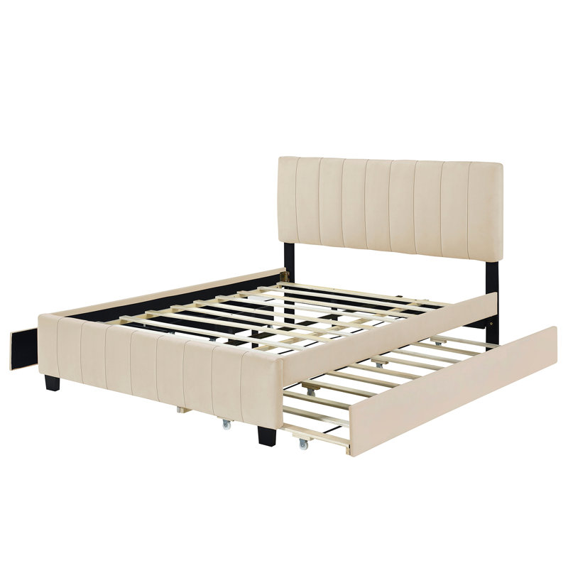 Lit plateforme tapissier en velours avec 2 tiroirs et 1 lit gigogne, Beige