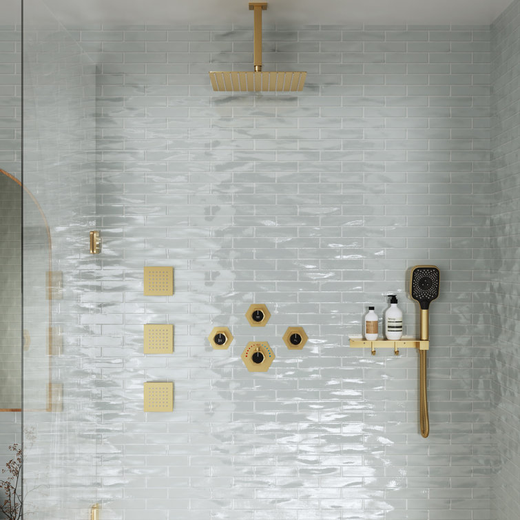 12”Ceiling Mounted Thermostatic Rainfall Shower System with 3 Body Jets and Storage Shelf