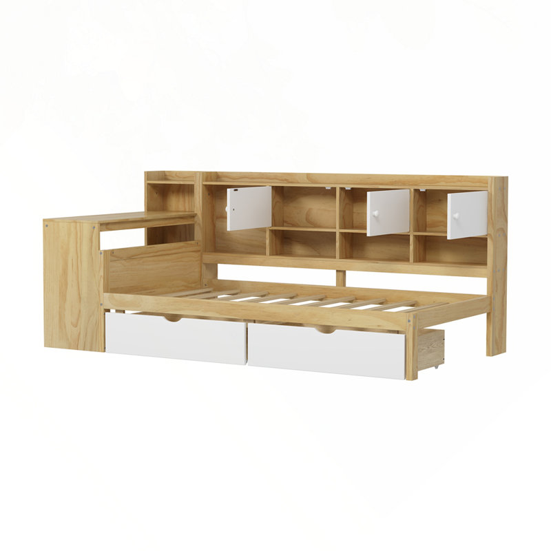 Lit multifonctionnel avec bureau d'étude et bibliothèque intégrée, Naturel + blanc