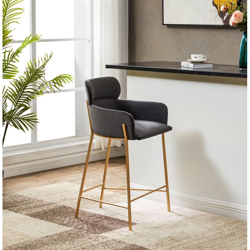 Tabouret de comptoir Tighe, Or, Velours gris foncé