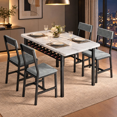 Ensemble de table de salle à manger 5 pièces de style moderne avec plateau rectangulaire en faux marbre et 4 chaises rembourrées en velours, ensemble de salle à manger pour 4 personnes avec rangement sous la table