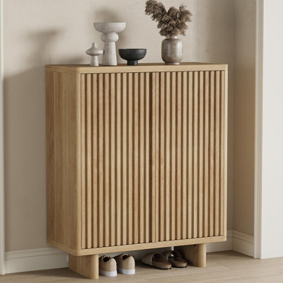 Meuble à chaussures 41,5 pouces avec porte cannelée, rangement à 5 niveaux avec 4 tablettes réglables, banc à chaussures rustique pour entrée
