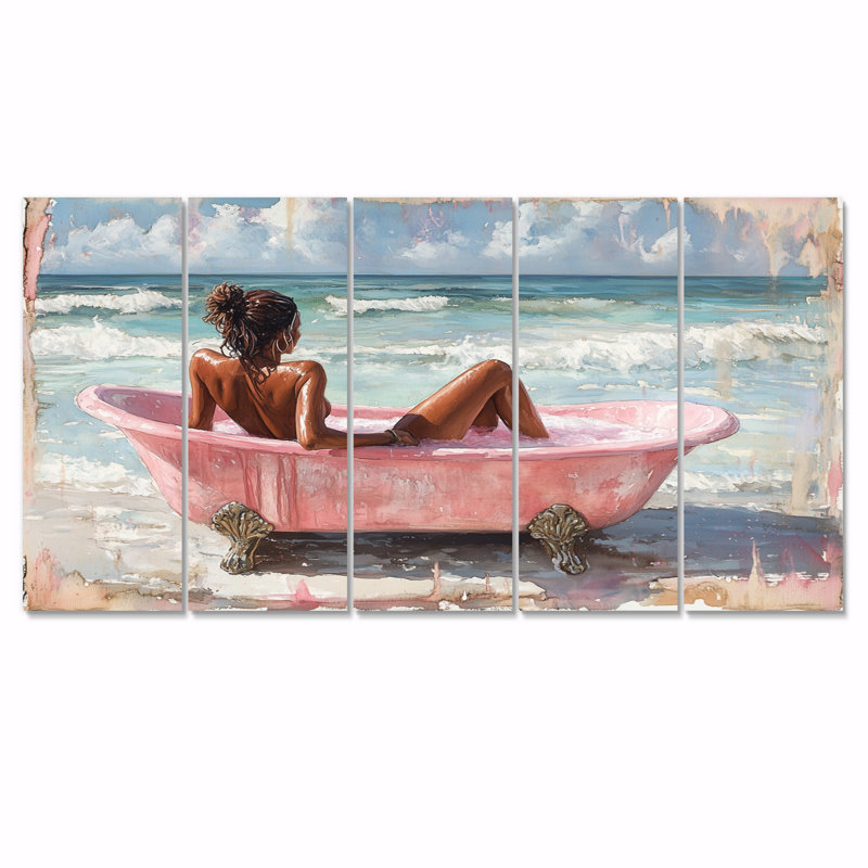 Femme dans une baignoire sur Palm Beach I - Ensemble de décoration murale de salle de bain, H 28 po x l 60 po