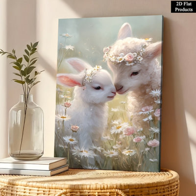 Topbout Baby Bunny & Lamb with Flower Crowns Wall Art - High-End Whimsical Spring Decor for Living Room