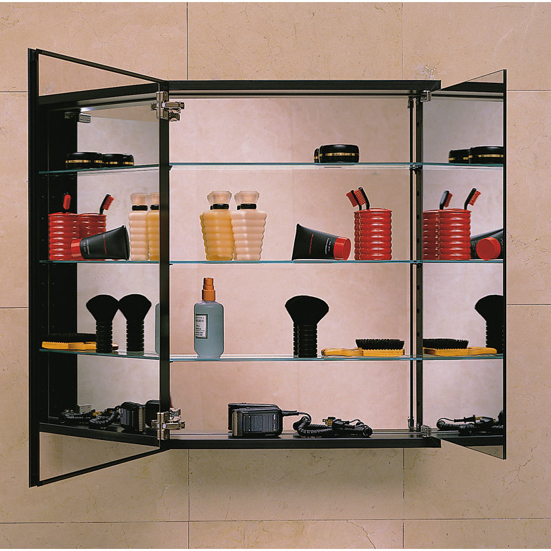 PL Series Recessed or Surface Mount Frameless 1 Door Medicine Cabinet with 3 Adjustable Shelves, Black, 30" x 36" x 4"