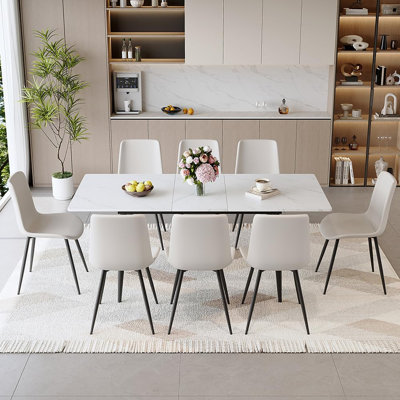 Ensemble de table de salle à manger extensible pour 4 à 8 personnes Welles, ensemble de salle à manger en bois à motif de marbre moderne avec table extensible et chaises rembourrées
