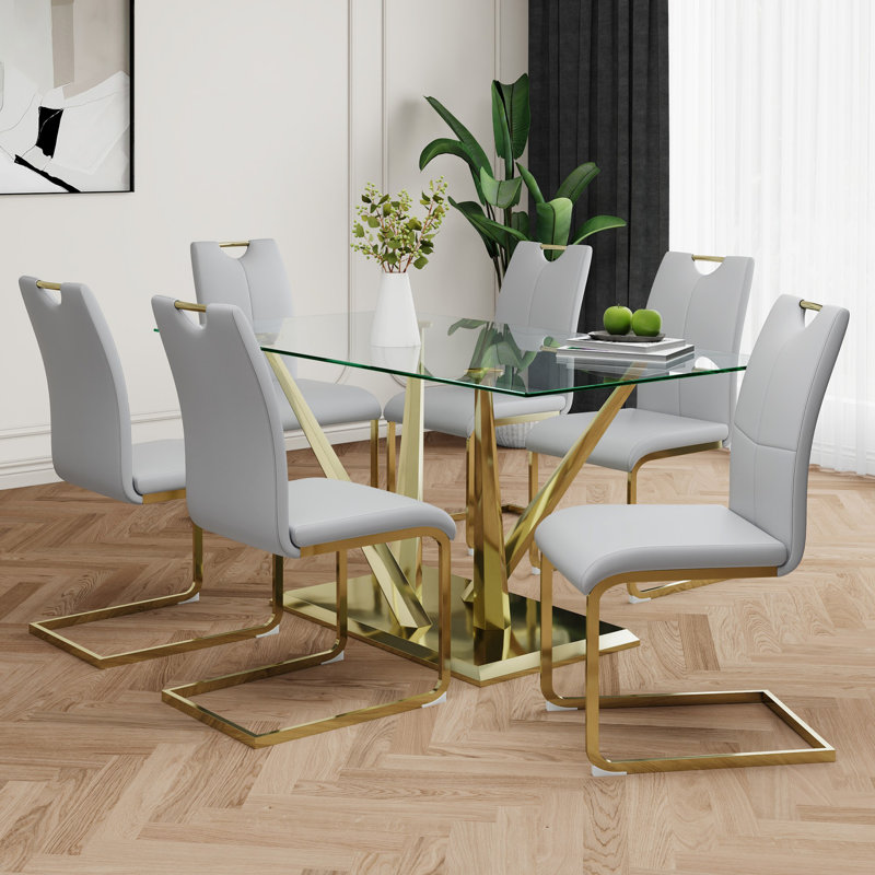 Ensemble de 7 tables de salle à manger, table en verre avec 6 chaises pour la salle à manger et la cuisine, Gris clair, Doré