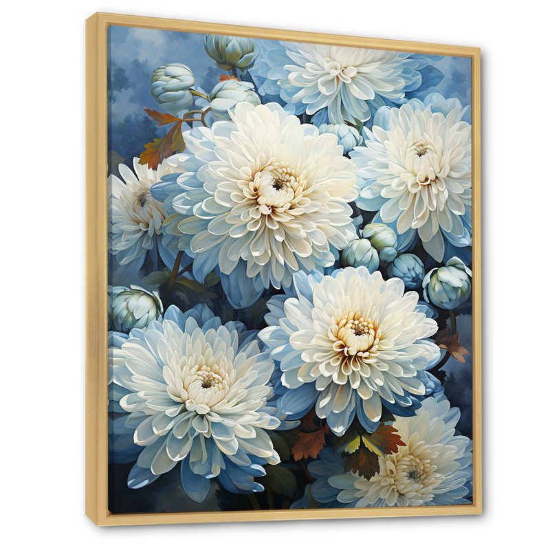 Blue and White Mum Flowers Canvas Print with Maple Frame