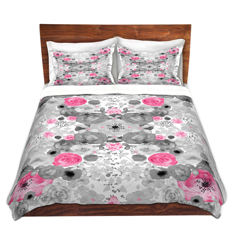 Ensemble de housse de couette romantique fleuris, Housse de couette grand + 2 taies décoratives, Gris / rose / blanc