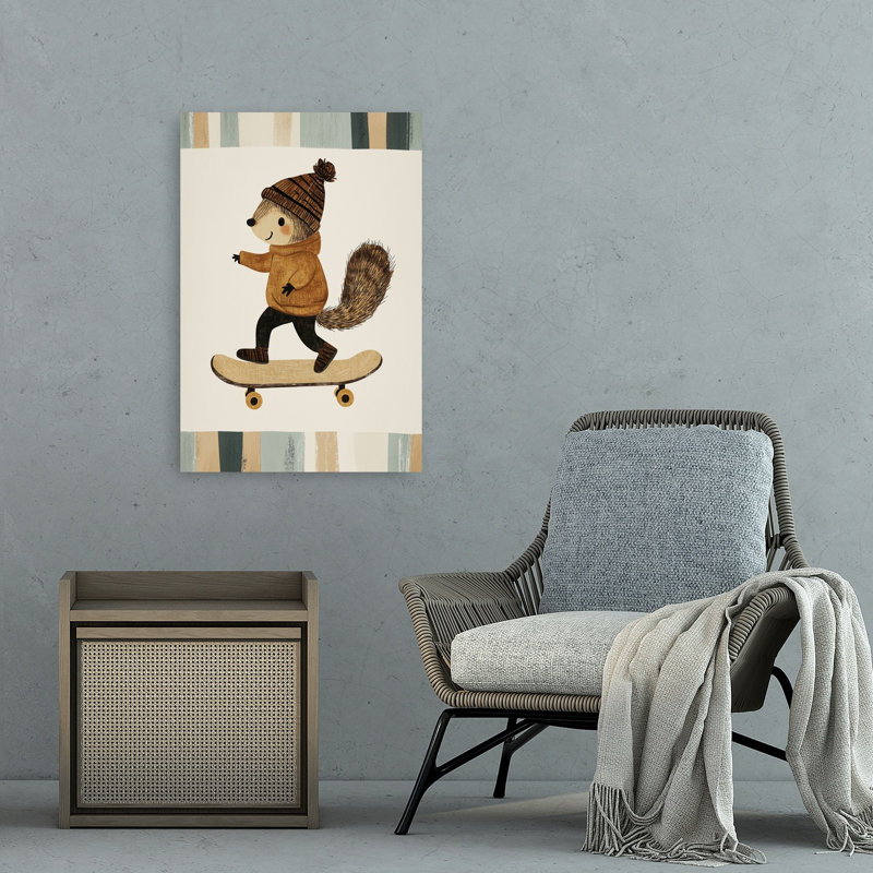 Happy Squirrel Skater Contemporary Squirrel Forest Wall Art Print 1 Piece Wrapped Canvas Wall Art, 91.44cm H x 60.96cm W