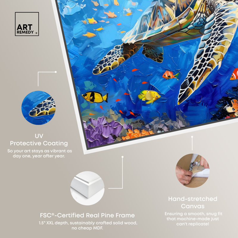 Colorful Coastal Turtle Swimming Canvas Wall Art with White Frame