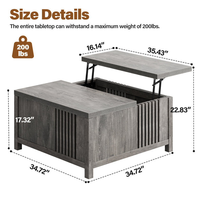 Table basse à plateau relevable avec rangement Farmhouse, grande table basse carrée de 35 po avec compartiment caché, table centrale en bois rustique pour le salon, chêne gris