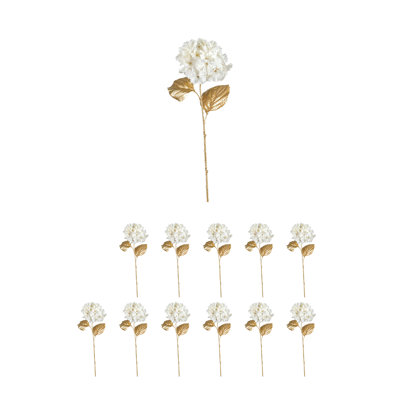  White Hydrangea Stem With Gold Leaves, Faux Flower With Pearls, Elegant Artificial Floral Stem For Weddings, Centerpieces, Holiday & Home Décor, 6" Wide & 26" Long, Pack Of 12