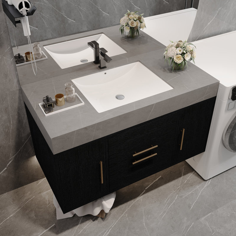 Meuble-lavabo flottant simple 39,4 po avec comptoir en faux marbre, lavabo en céramique, 2 tiroirs en bois massif multicouches et 2 armoires