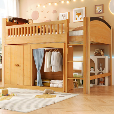Lit mezzanine simple avec armoire de rangement, armoire et DEL, couleur bois et espresso