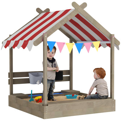 Outsunny Sand Pit Wooden Sandpit Kids Sandbox House Ages 3-7 Years Grey