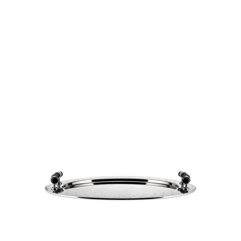 Sleek Stainless Steel Oval Serving Tray with Black Handles