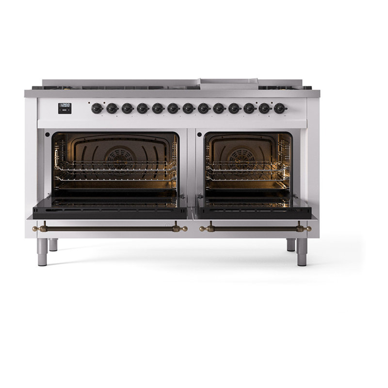 ILVE Nostalgie II Noblesse 60 in Dual Fuel Range, 9 Burner, Griddle, Natural Gas, White/Burnished