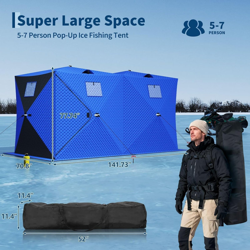 Pop Up Ice Fishing Shelter Tent with 49ft LED Light Strip，Fits 5-7 People，Blue+Black, Blue, 8 Person