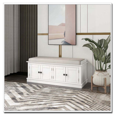 Banc de rangement avec 4 portes et tablettes réglables, coussin amovible