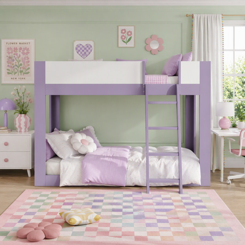 Lit superposé bas, convertible en bois avec échelle réversible et garde-corps de sécurité, Lit simple