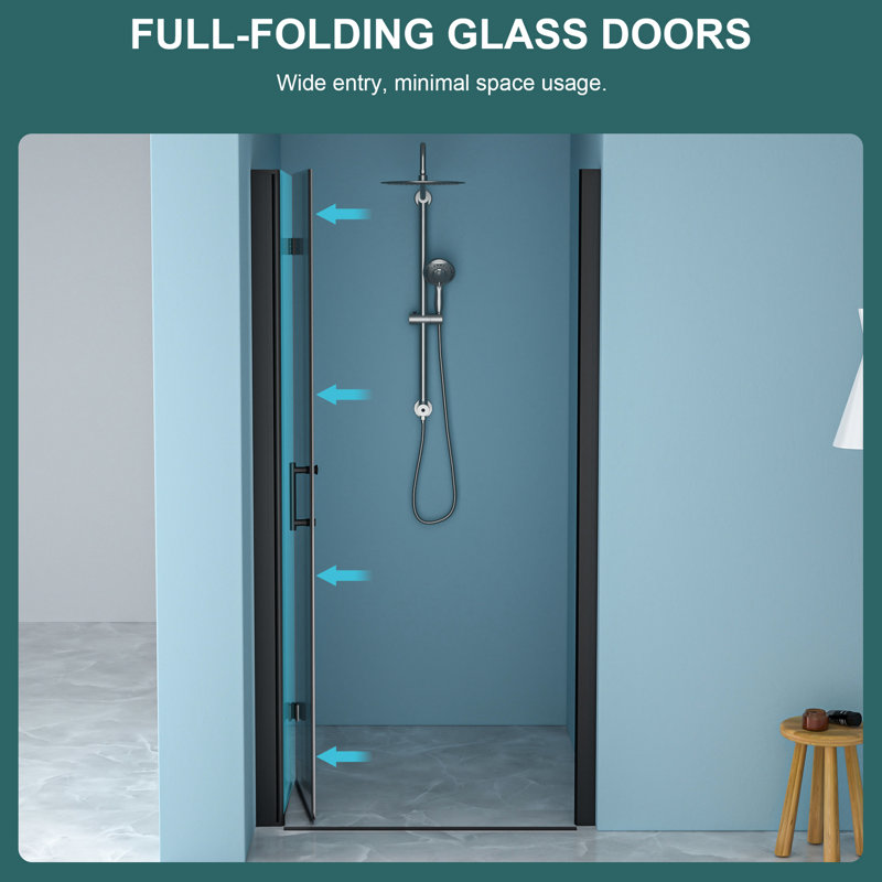 Porte de douche l 30 po x H 72 po, noir mat. Verre trempé de 1/4 po. Isolation épaisse et pliable de la porte de la cloison de la salle de bain