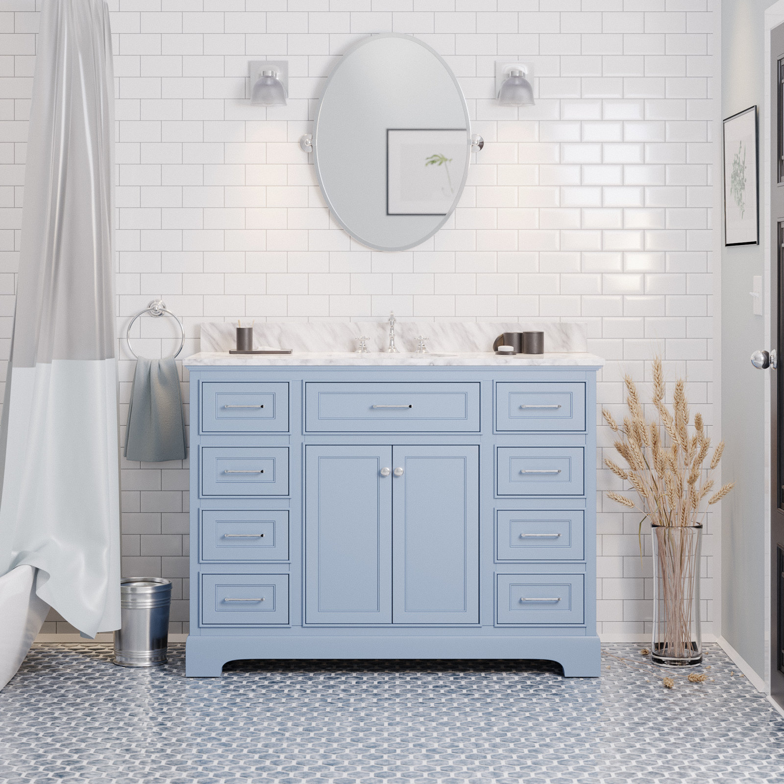 48'' Single Bathroom Vanity, Powder Blue, Carrara Marble