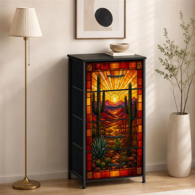 Commode 4 tiroirs pour chambre à coucher en verre coloré cactus de style désert Western Sunset Serene Saguaro