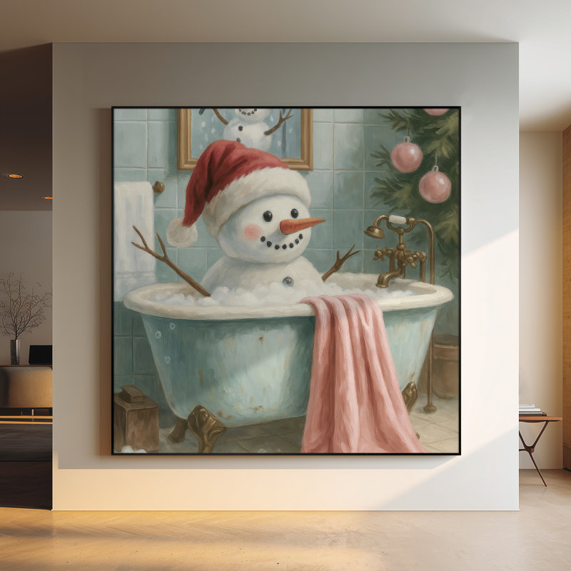 Très grande reproduction d'art sur tissu - Décoration de chambre à coucher fantaisiste bonhomme de neige sarcelle - «Assemblage requis (cadre non fini)»