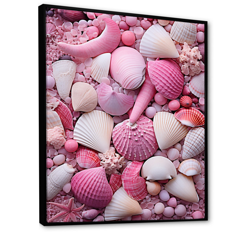 Coquillage rose sur la plage sur toile, H 32 po x l 16 po x P 1 po, Cadre flottant noir