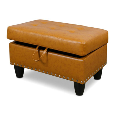 Vintage Faux Leather Storage Ottoman - Tufted Lift-Top Bench With Rivet Accents, Hidden Storage Space For Living Room & Bedroom, Caramel