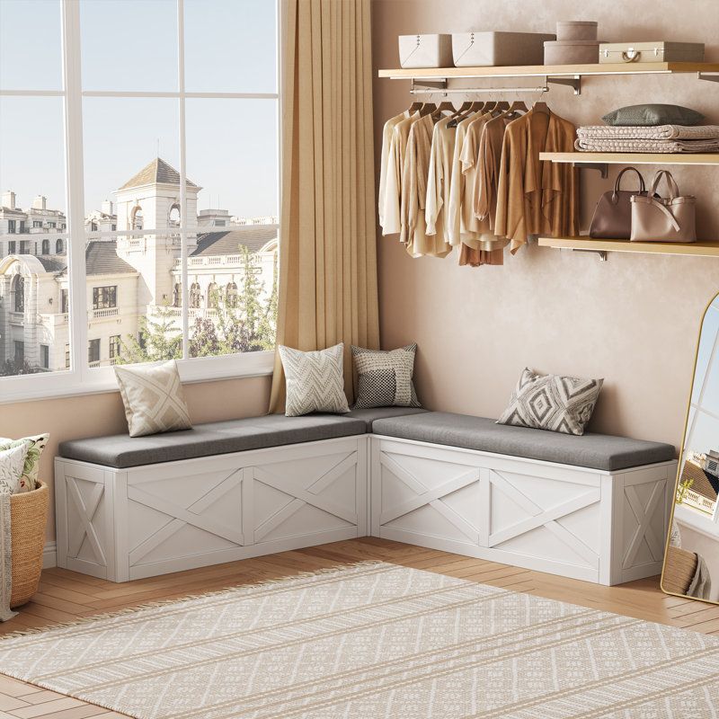 Banc de coin en L avec rangement, banc de coin-repas avec coussins gris, blanc, White