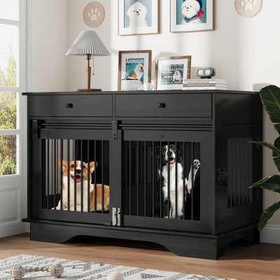 47" Large Dog Crate Furniture, Wooden Dog Kennel End Table with 2 Storage Drawers, Removable Divider & Sliding Door, Heavy Duty Decorative Pet Cage for Small, Medium, Large Breeds