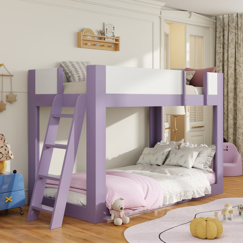 Lit simple superposé simple, lit superposé convertible en bois avec échelle réversible et garde-corps, mauve et blanc, Mauve