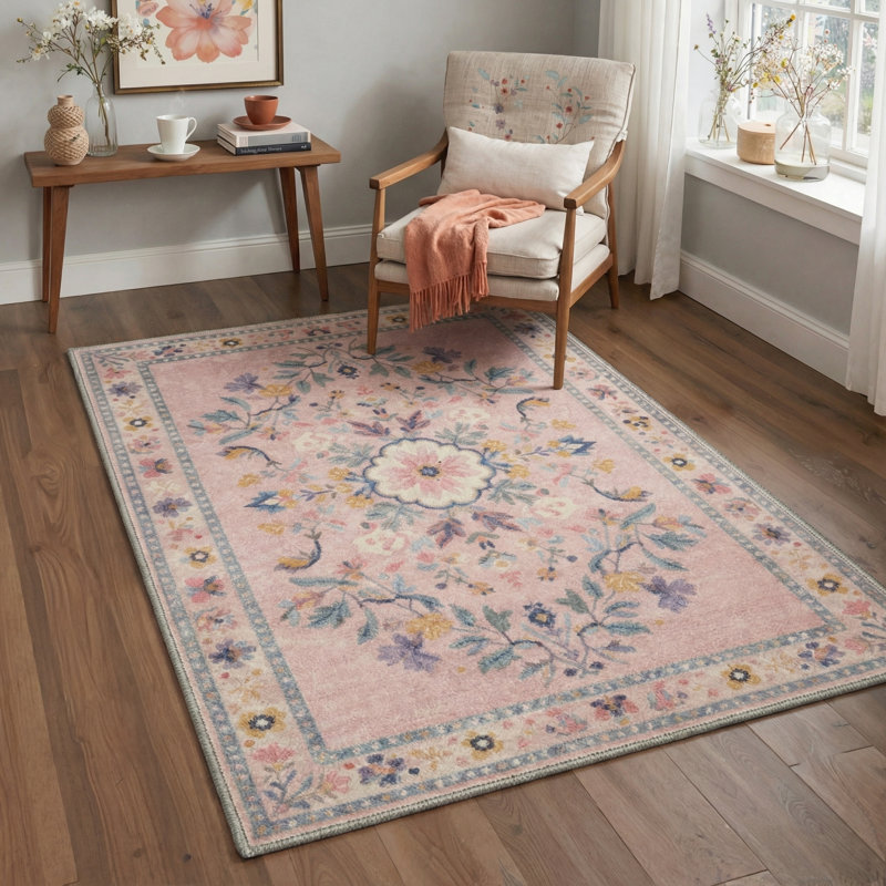 Airville Floral Machine Washable Blush/Beige/Teal Indoor Area Rug With Non-Slip Backing, Rectangle 5' x 7'