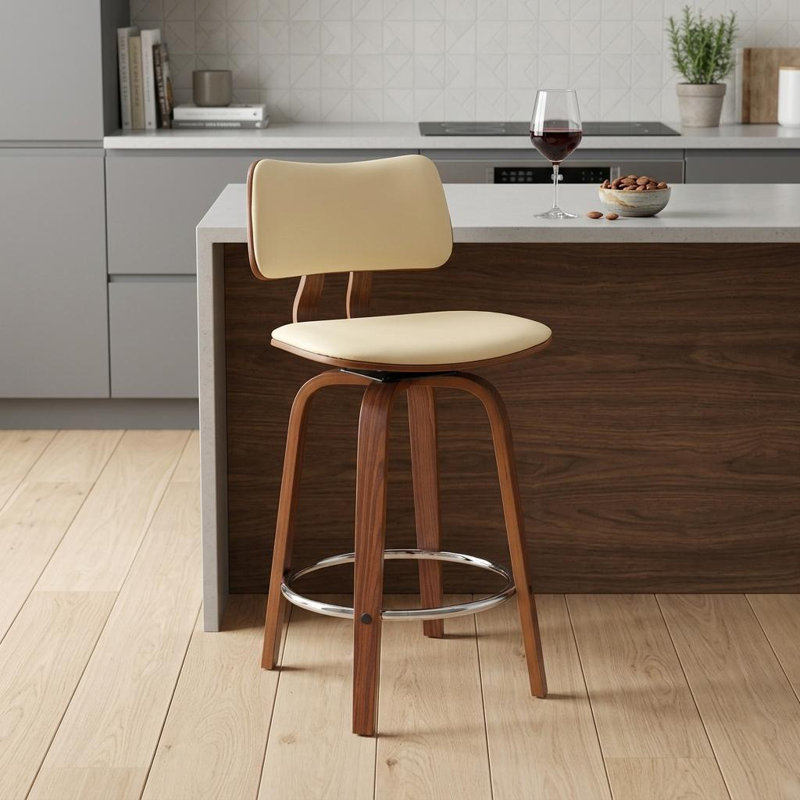 Tabouret pivotant en bois massif Aylis, Tabouret de comptoir (siège d'une hauteur de 26 p, Brun, Crème, crème