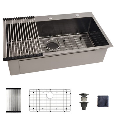 33" L x 19" W Drop-In 16 Gauge Black Stainless Steel Single Bowl Kitchen Sink with Accessories