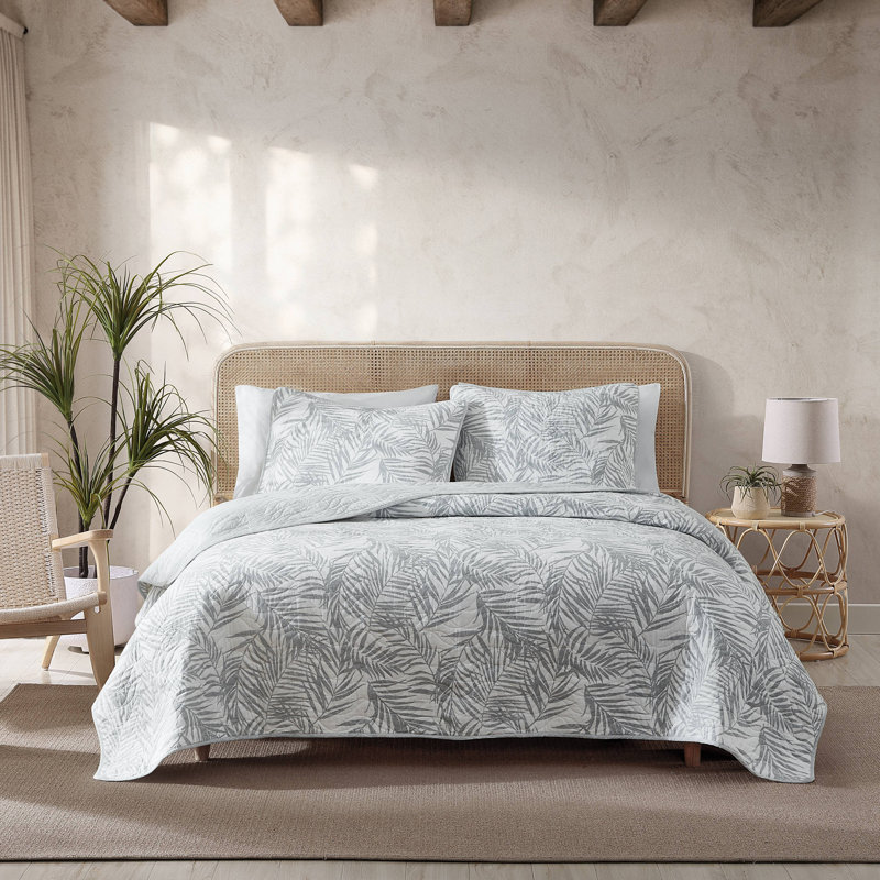 Tommy Bahama Palmday Cotton Reversible Quilt Set, Grey, King Quilt + 2 King Shams