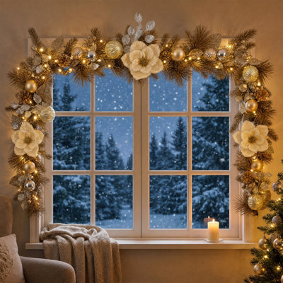 Guirlande de Noël lumineuse de 1,8 m avec boules argentées et dorées et fleurs de magnolia, 20 lumières et 8 fonctions avec minuterie, guirlande artificielle en PVC pour décorer les escaliers, les cheminées et les portes.