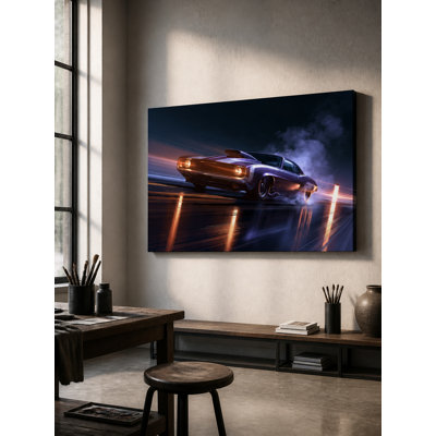 Classic Muscle Car, Realism Large Canvas Wall Art, Dark Blue and Orange Hues, Speed Decor, For Living Room, Automobiles Lover Gift
