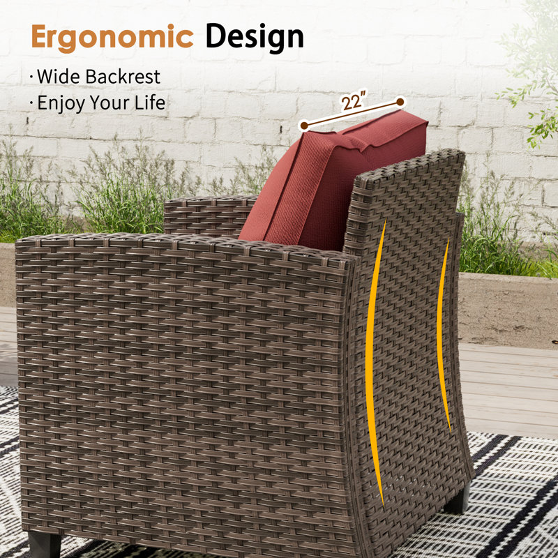 Samya 7/9 - Person Outdoor Conversation Sets With Rocking Chairs&Ottoman, Brown Frame/Red Cushion