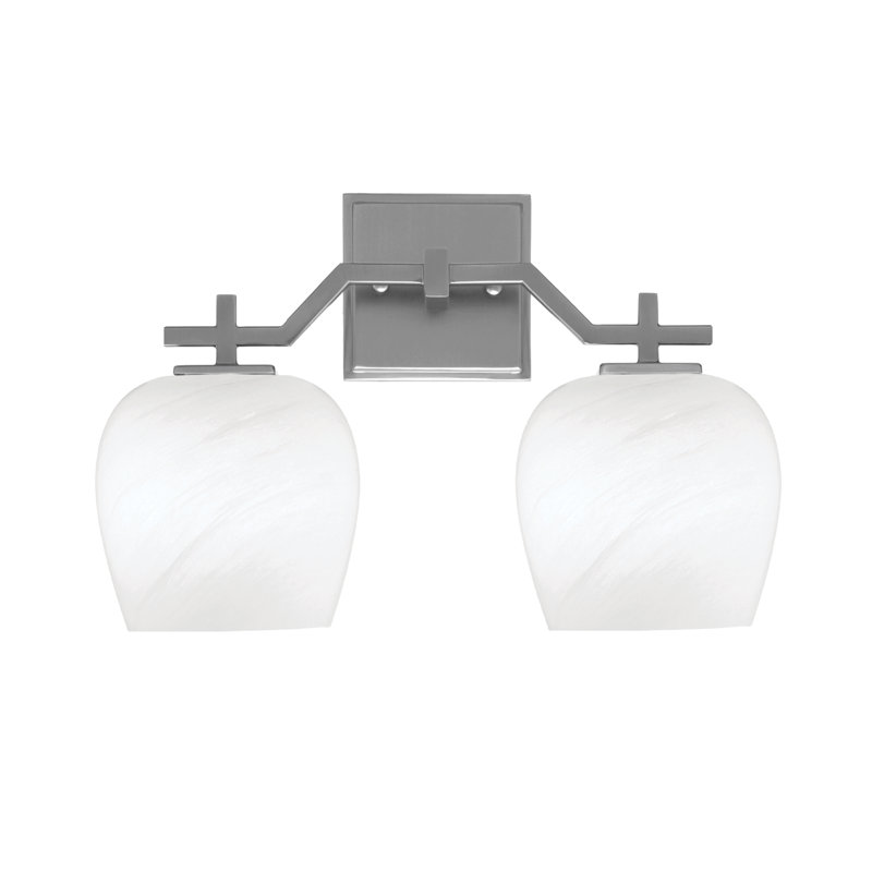 Barre de bain Headland illustré avec verre de marbre blanc de 4 po, H 10,5 po x l 15,75 po x P 6,5 po, Deux lumières, Nickel