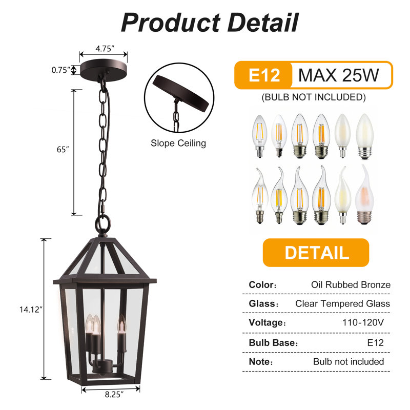 Lanterne suspendue d'extérieur en verre trempé bronze huilé à 3 lumières H 16,4 po H, Bronze frotté à l'huile