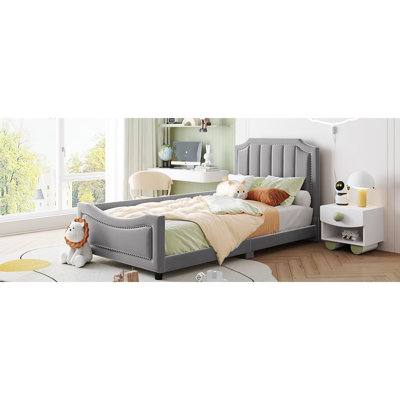 Gray Twin Size Daybed With Stylish Stripe Headboard - Wood Frame Upholstered In Fashionable And Strong & Attractive