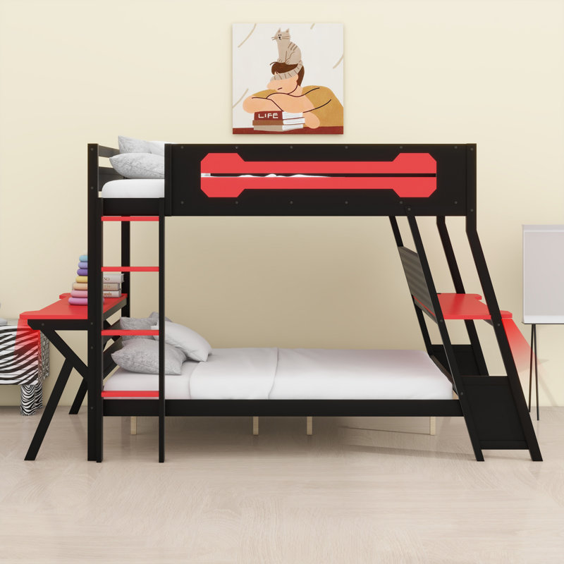 Lit double superposé multifonctionnel, bureau double intégré, ports USB et rangement perforé, Rouge