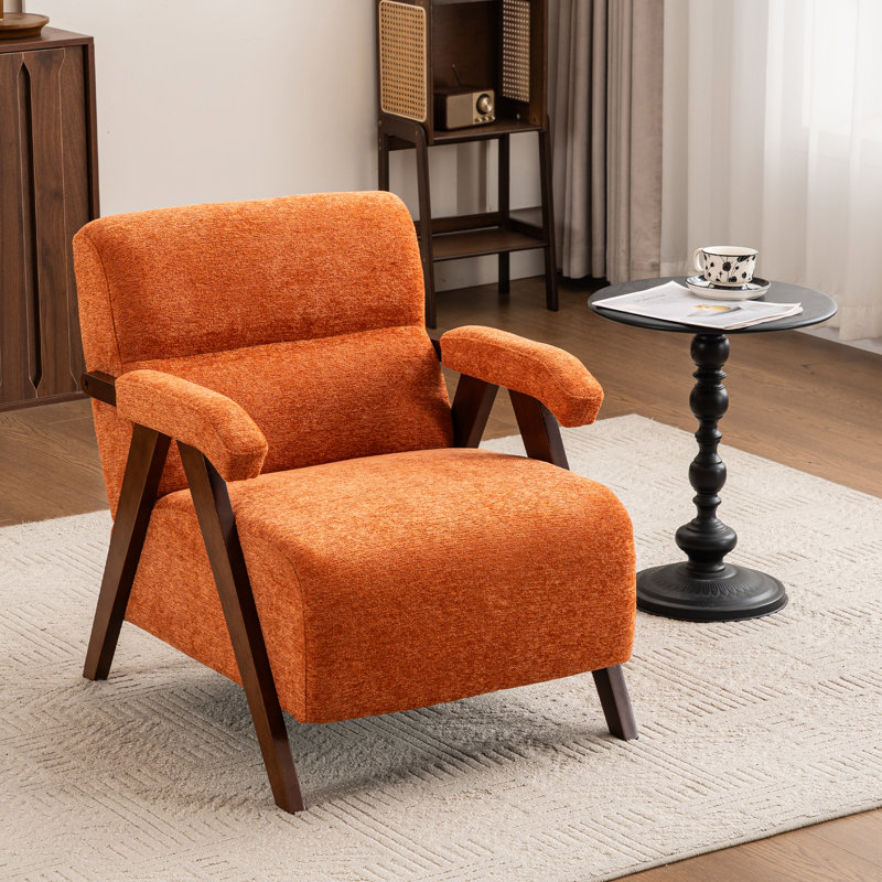 Mid Century Upholstered Arm Accent Chair with Solid Wood Legs, Orange