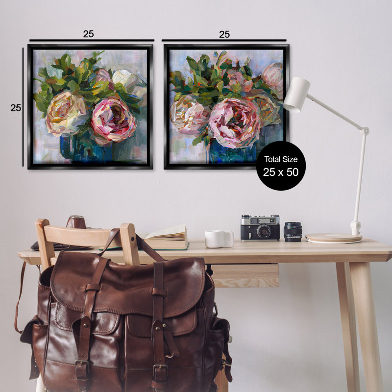  Ensemble de 2 toiles flottantes avec empâtement "Cabast Roses in Vases" par Borcherding, H 25 po x l 25 po
