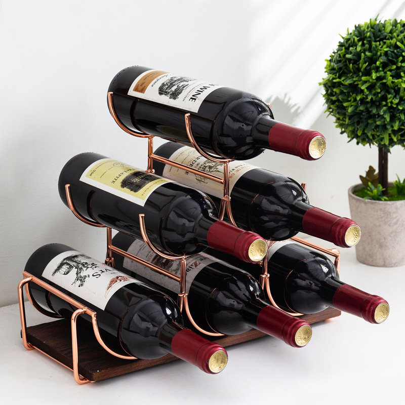 6 Bottle Metal/ Solid Wood Tabletop Wine Bottle Rack in Brown/Rose Gold